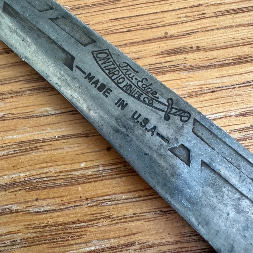 Vintage Ontario Knife Co Tru-Edge Carbon‎ Steel Butcher Knife Wood Handle USA